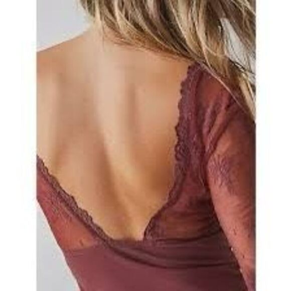 ✨Free People Intimately Long Sleeve Lace Sz Large Maroon Top✨ - Picture 4 of 9